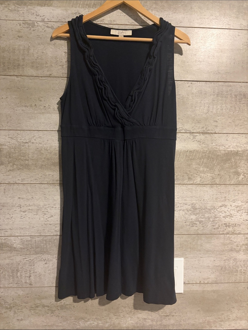 LOFT Dark Navy Sleeveless Cotton V-Neck Midi Dress with Ruffle Trim